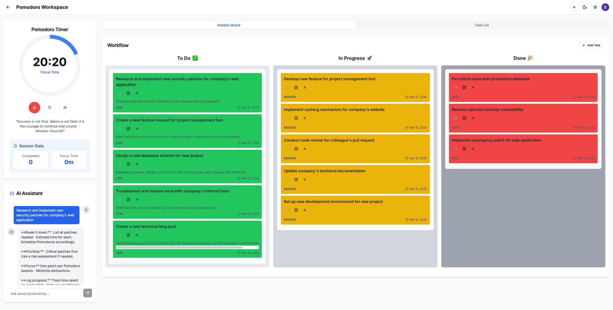 Pomodoro Timer App Dashboard